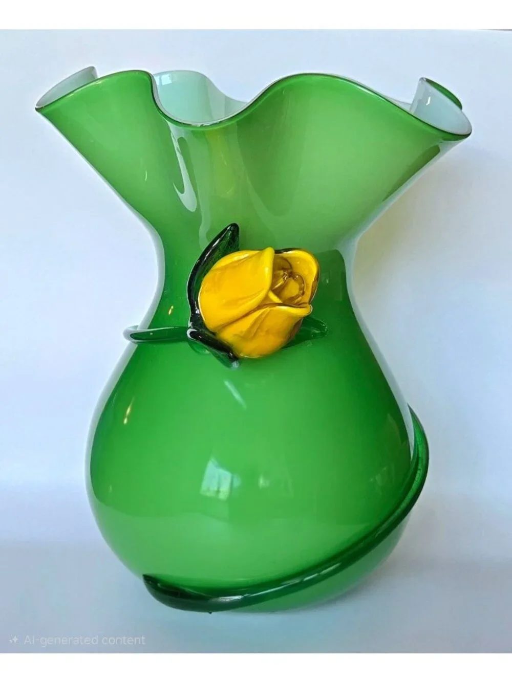 Large Hand-Blown Green Glass Vase With Yellow Flower Rose Accent & Ruffled Rim